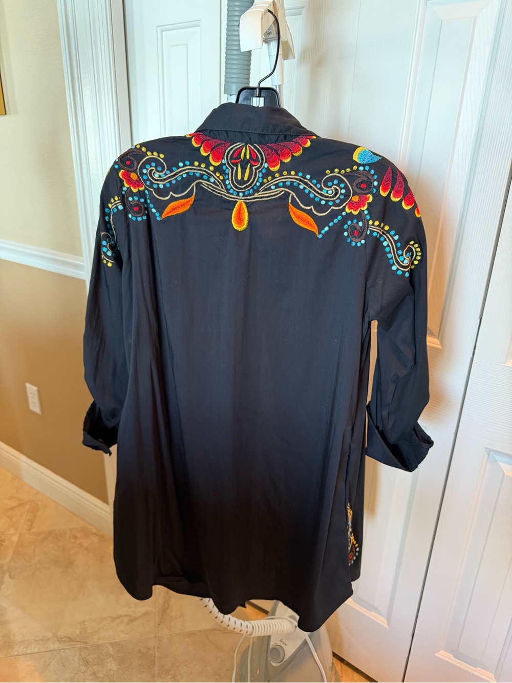 Johnny Was Black Embroidered Long Tunic with Multicolor Accents